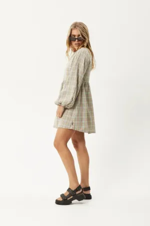 Afends kali- long sleeve mini dress - pistachio check long sleeve mini dress