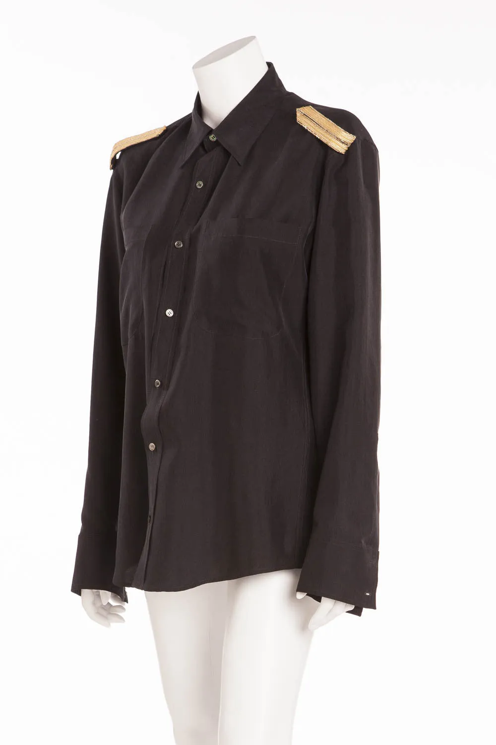 Balmain - Long Sleeve Black Button Up with Gold Trim on Shouders - FR 40