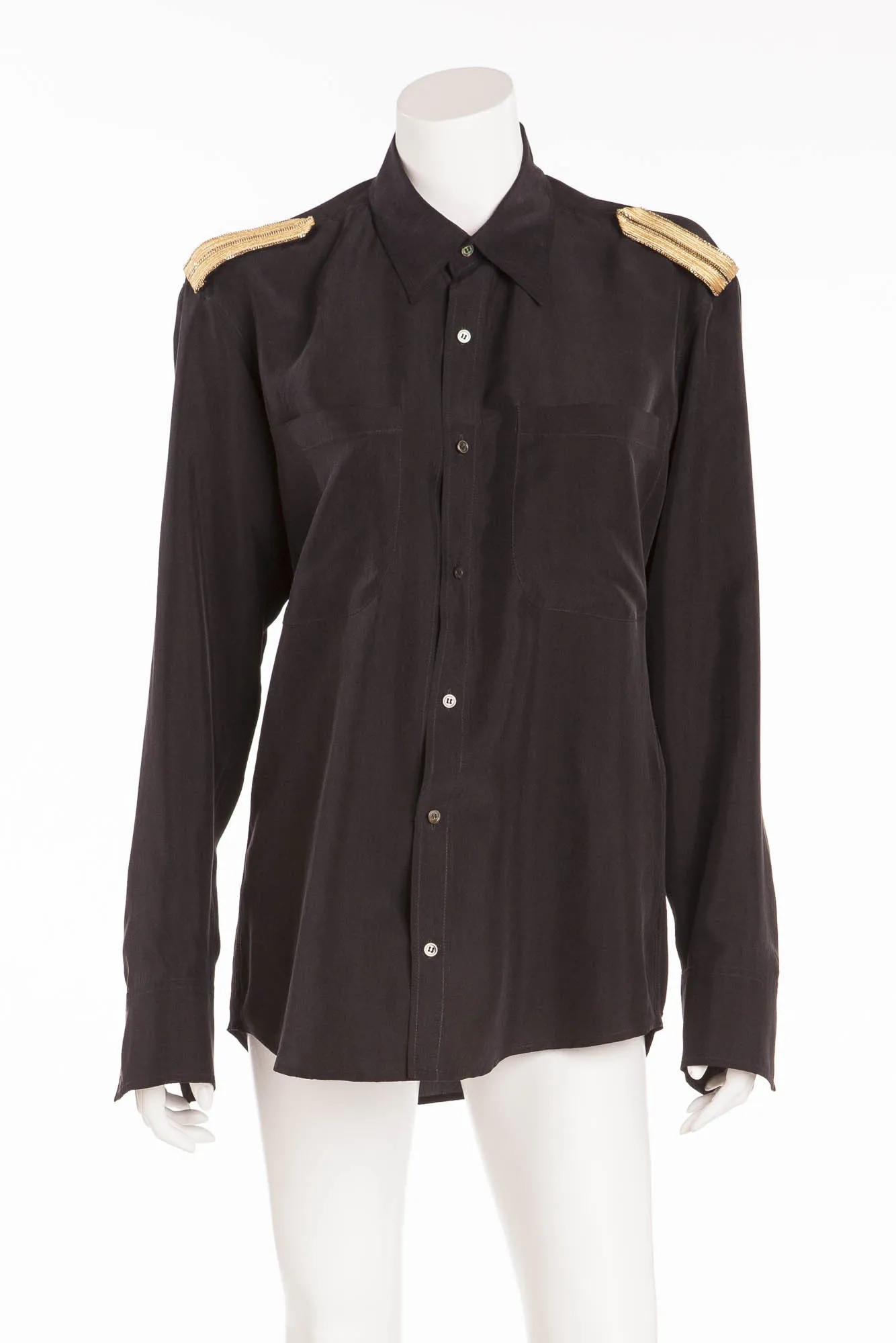 Balmain - Long Sleeve Black Button Up with Gold Trim on Shouders - FR 40