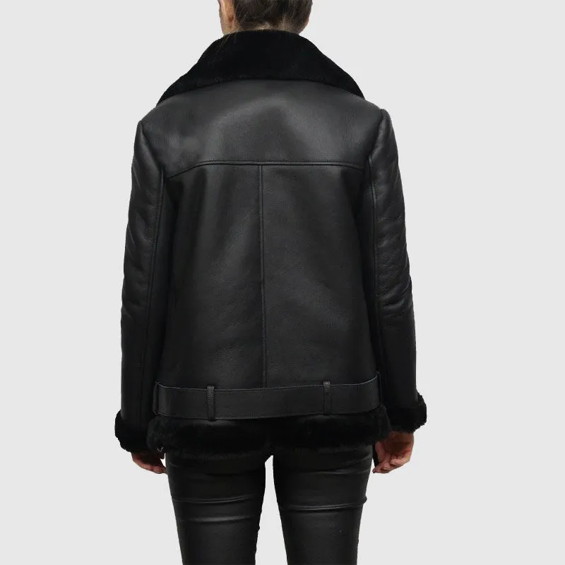 Best Purchase Article Womens Black Shearling Sheepskin Pilot Aviator Fur-lined Leather jacket