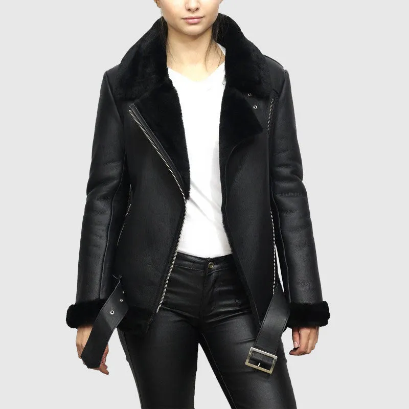 Best Purchase Article Womens Black Shearling Sheepskin Pilot Aviator Fur-lined Leather jacket