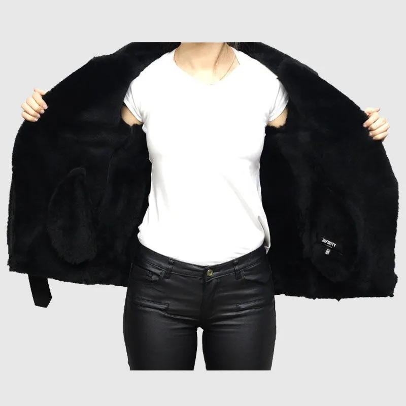 Best Purchase Article Womens Black Shearling Sheepskin Pilot Aviator Fur-lined Leather jacket