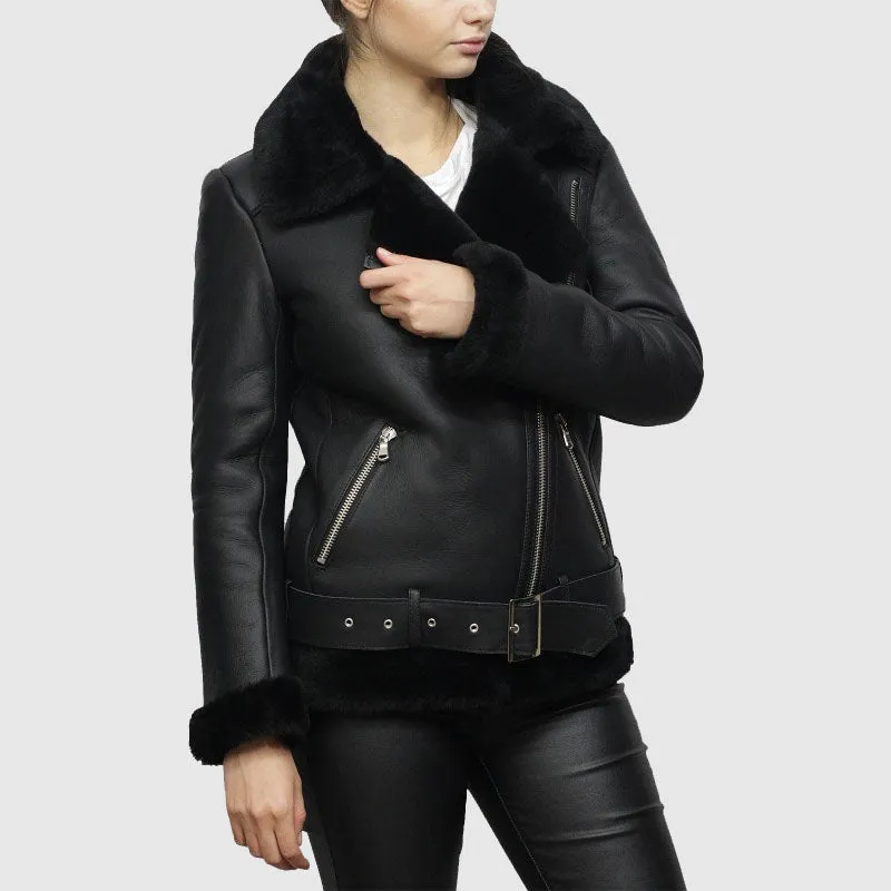 Best Purchase Article Womens Black Shearling Sheepskin Pilot Aviator Fur-lined Leather jacket