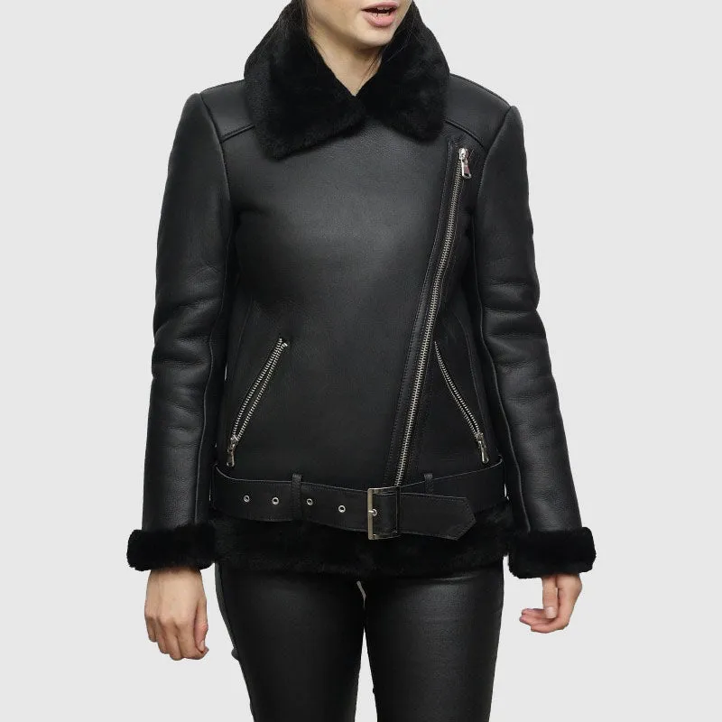 Best Purchase Article Womens Black Shearling Sheepskin Pilot Aviator Fur-lined Leather jacket