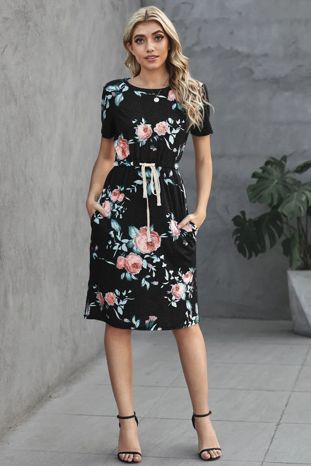 Black Floral Print Drawstring Midi Dress