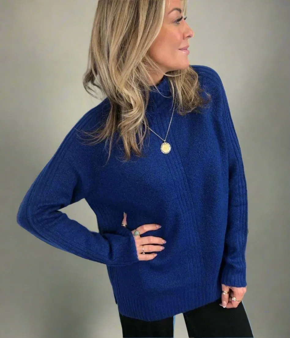 Blue Roll Neck Ribbed Panel Jumper