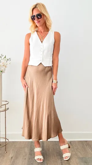 Brooklyn Italian Satin Midi Skirt - Mocha