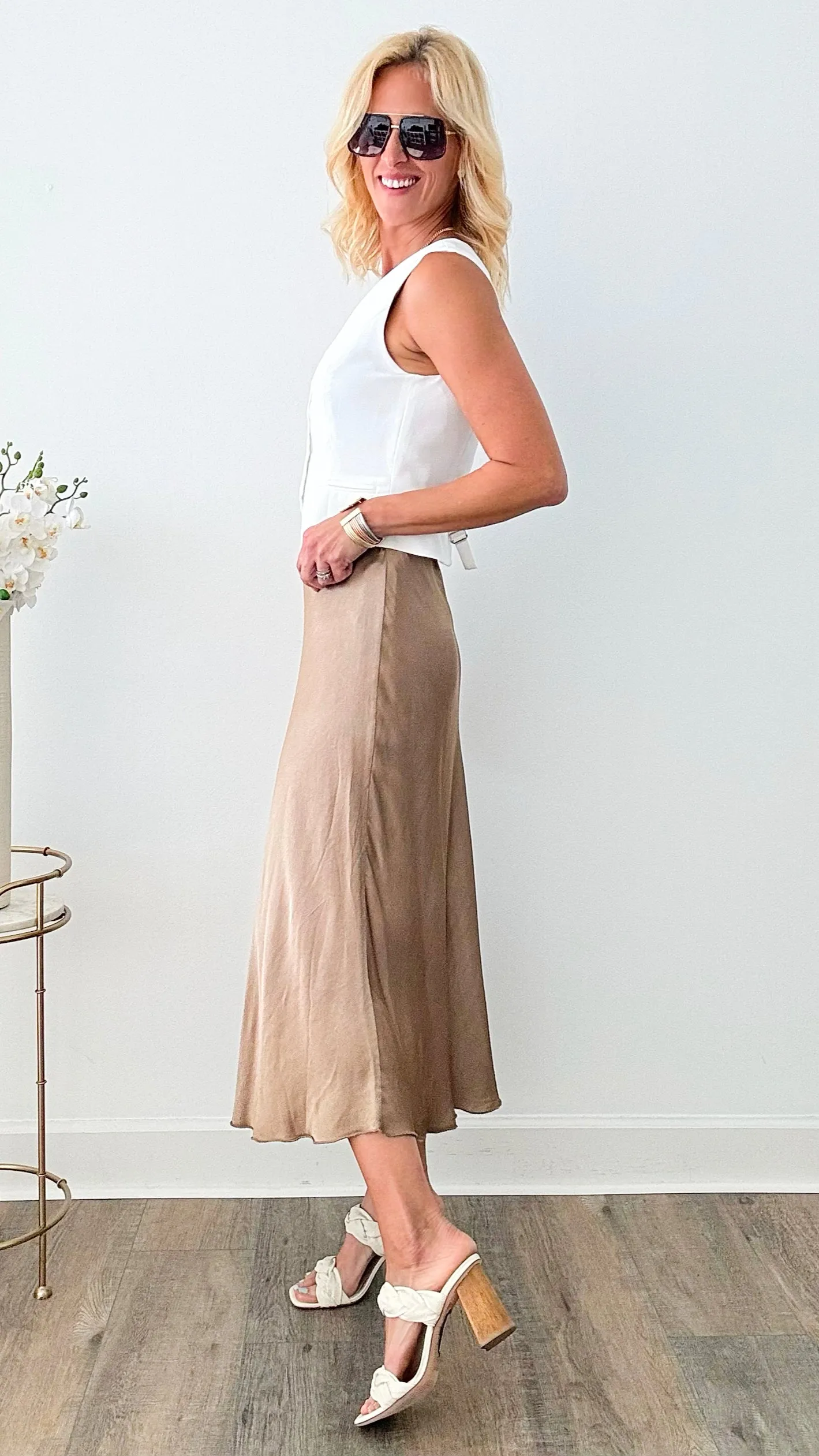 Brooklyn Italian Satin Midi Skirt - Mocha