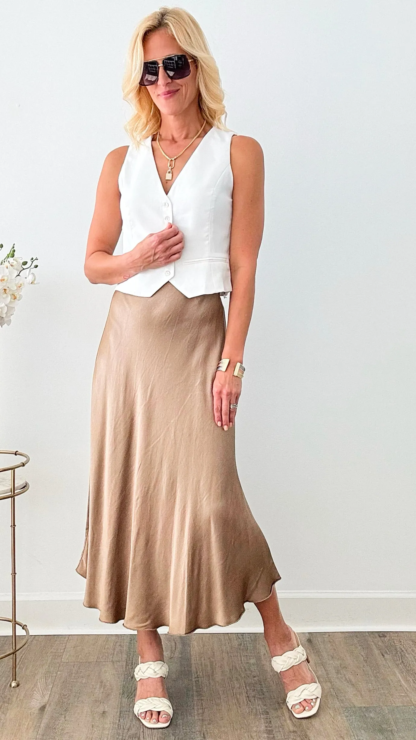 Brooklyn Italian Satin Midi Skirt - Mocha