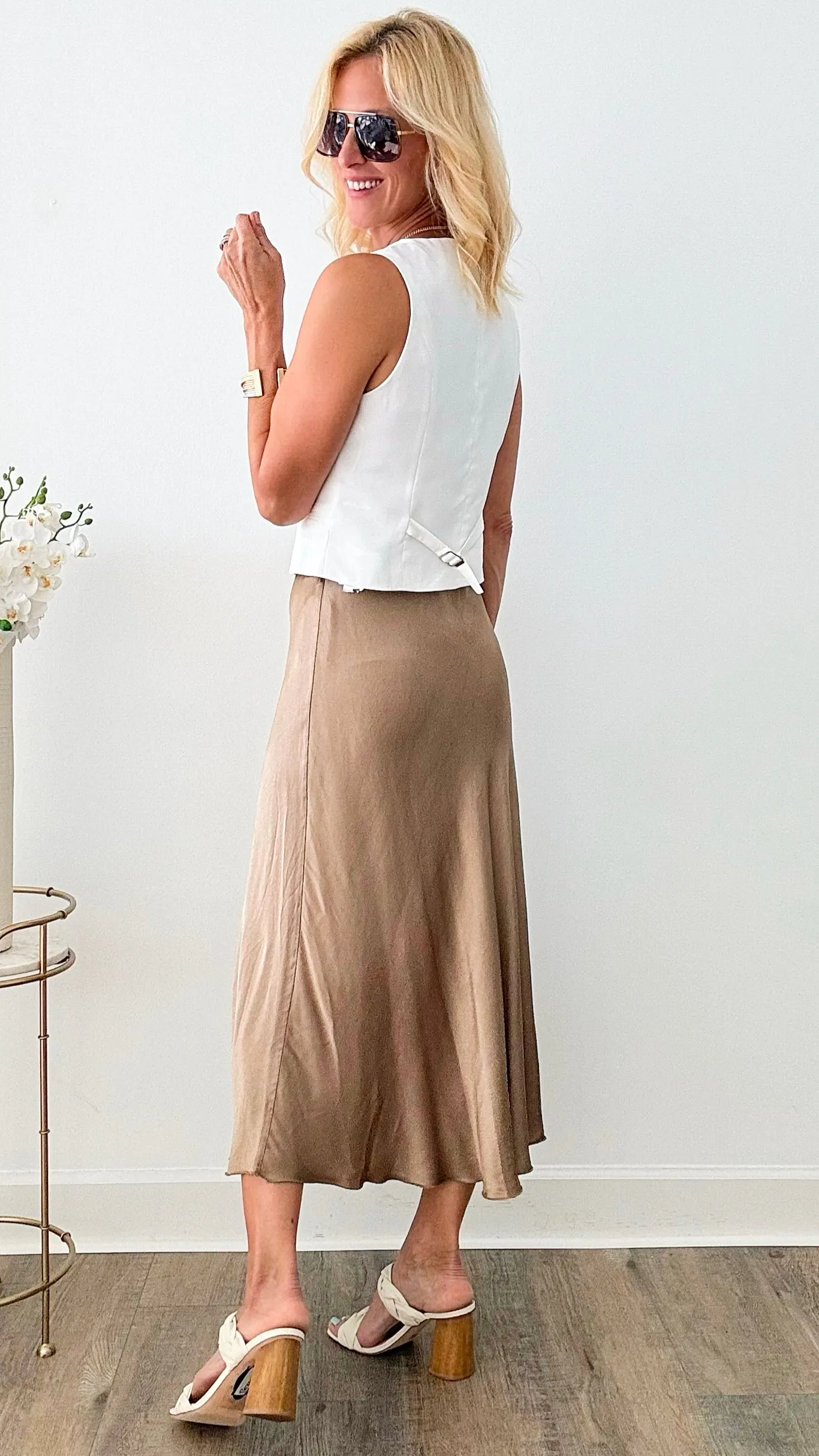 Brooklyn Italian Satin Midi Skirt - Mocha