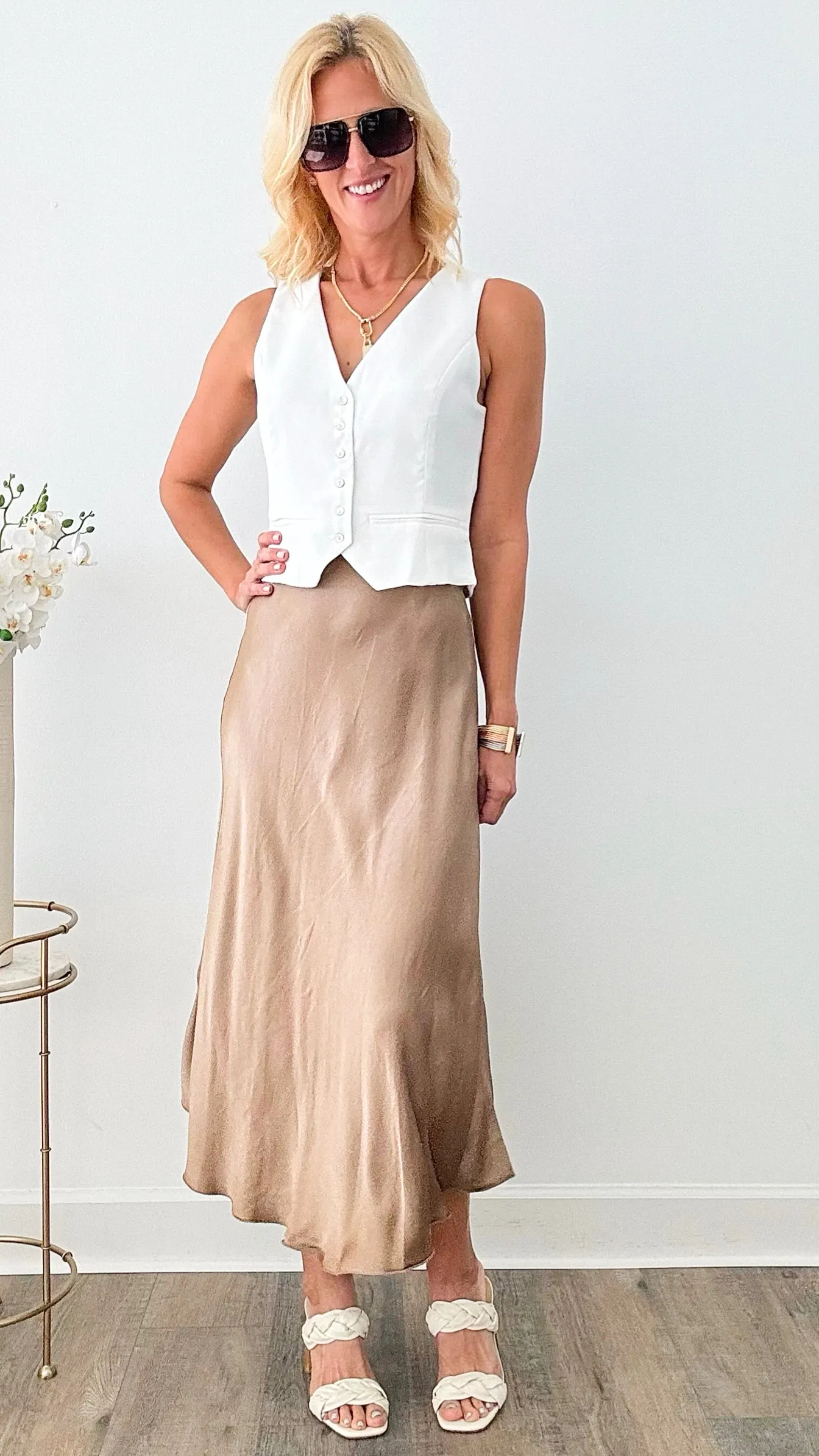 Brooklyn Italian Satin Midi Skirt - Mocha