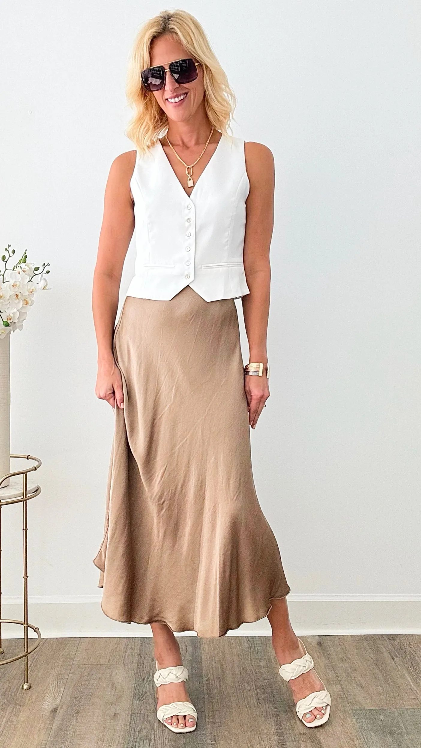 Brooklyn Italian Satin Midi Skirt - Mocha