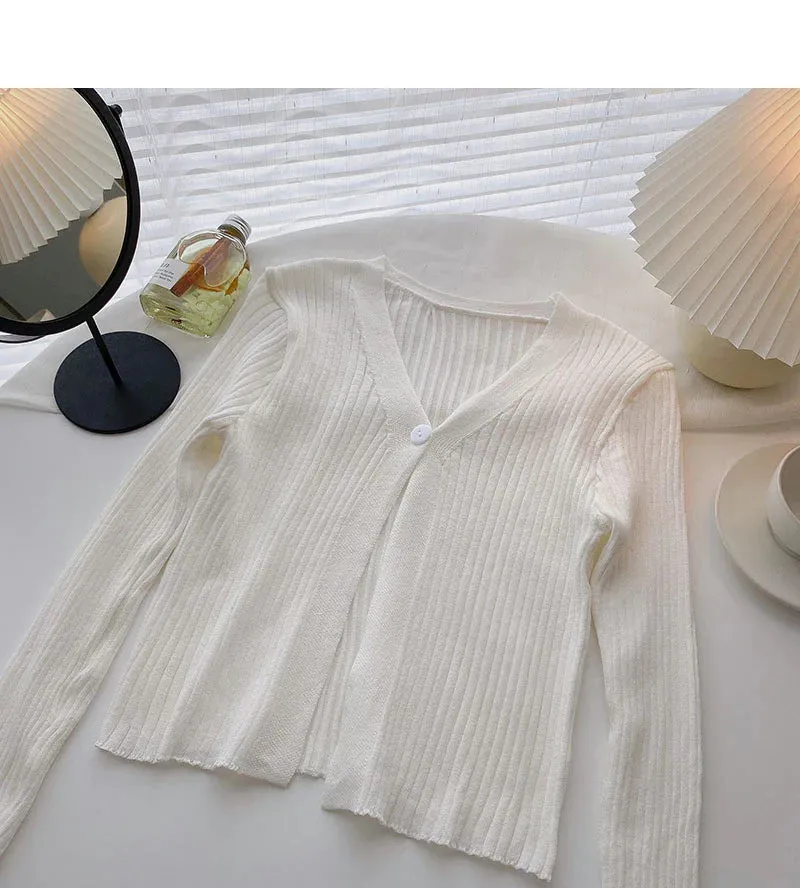 Candy V-neck one button cardigan versatile long sleeve short top      S2528