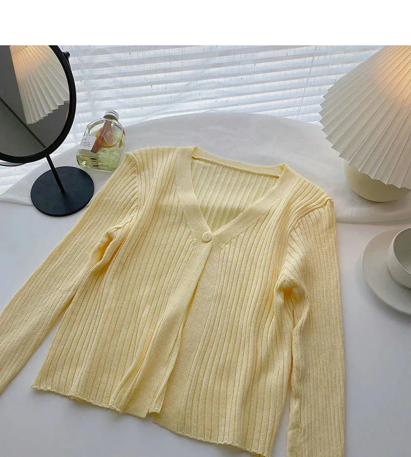 Candy V-neck one button cardigan versatile long sleeve short top      S2528