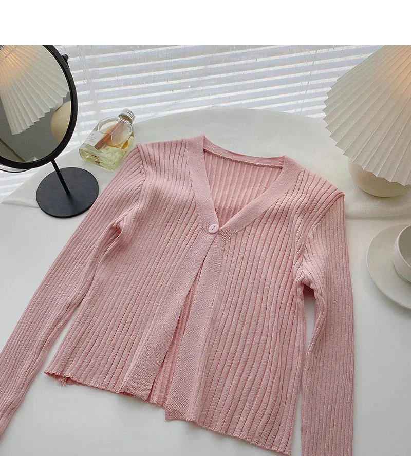 Candy V-neck one button cardigan versatile long sleeve short top      S2528