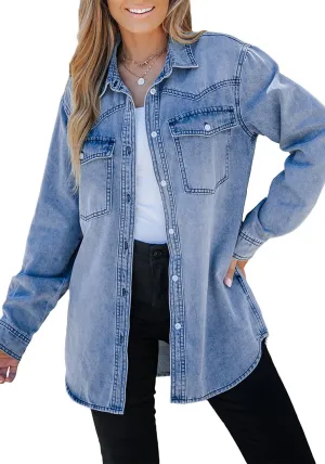 Cool Blue Women's Trendy Long Denim Jackets Oversized Shackets with Pockets