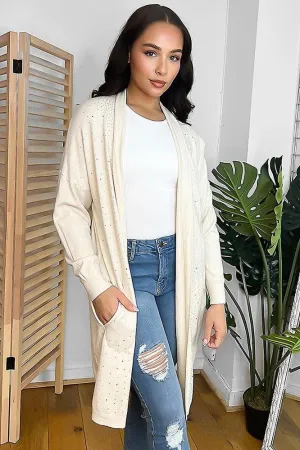 Cream Crystals Embellished Open Front Midi Cardigan