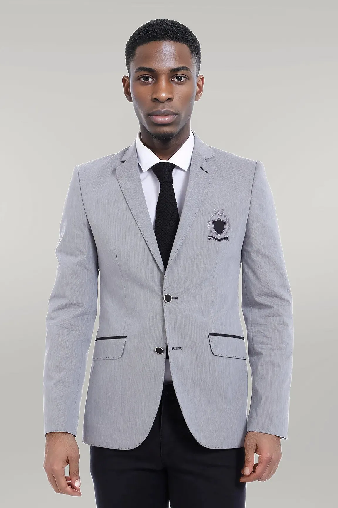 Double Button Mono Lapel Crested Grey Jacket-Wessi