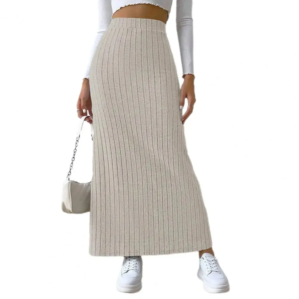 Elegant Maxi Ribbed High Waist Side Slit Slim Skirt