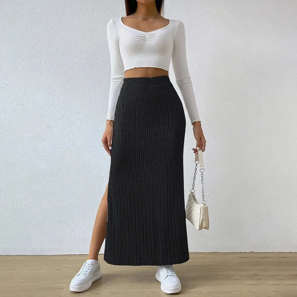 Elegant Ribbed Long Slim Fit Elastic Side Slit Skirt