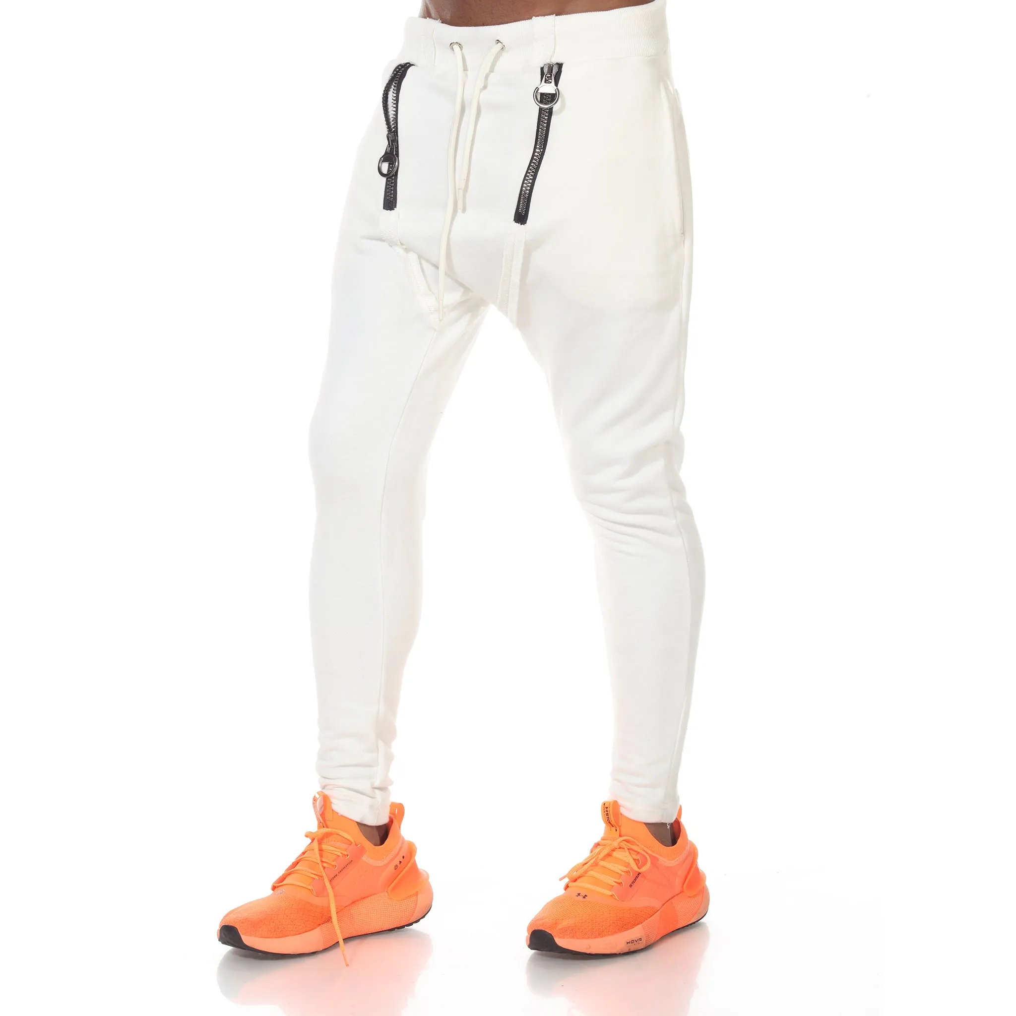 Fashion White Jogger with Zipper on Waist