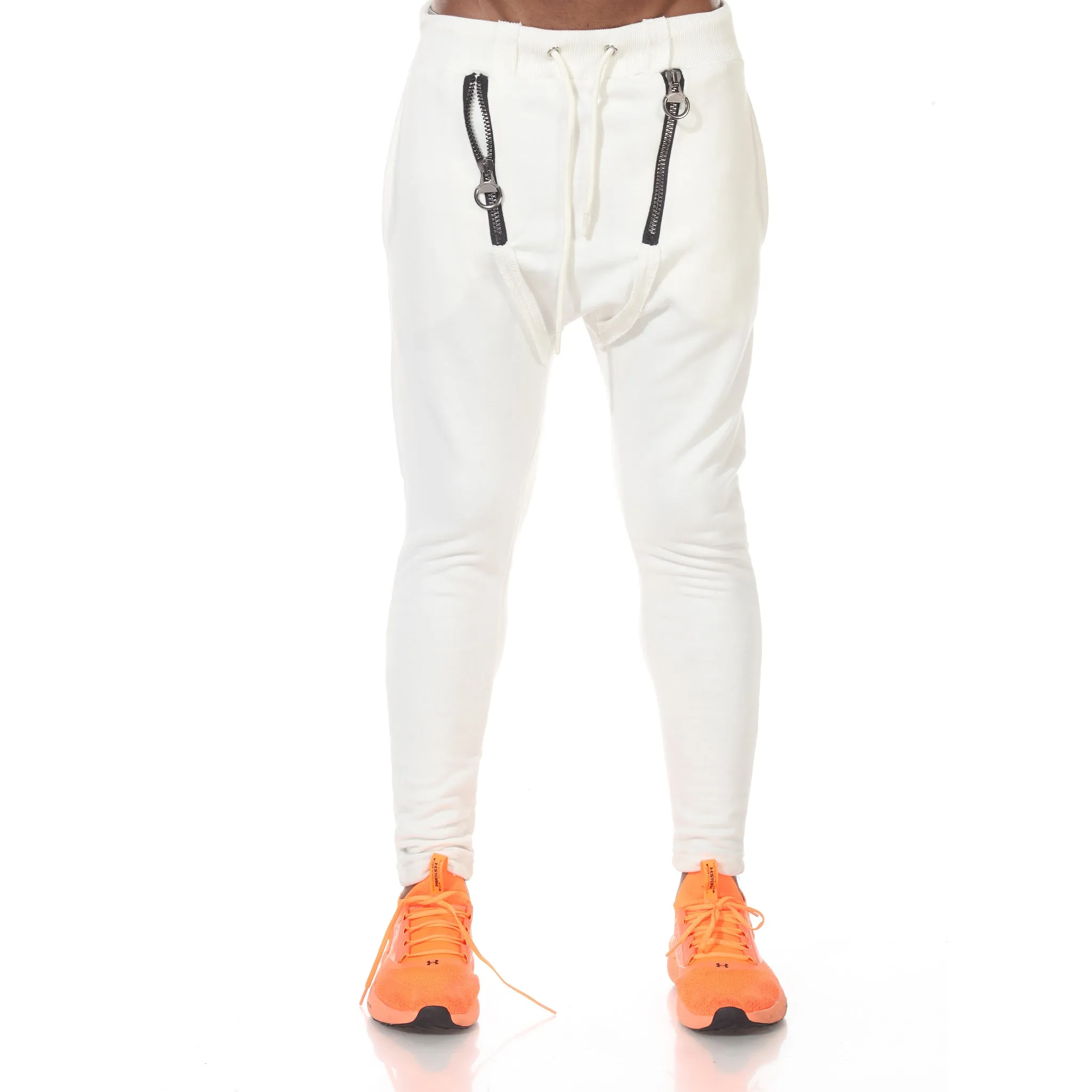 Fashion White Jogger with Zipper on Waist