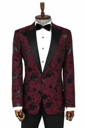 Floral Patterned Burgundy Men Dinner Jacket - Wessi