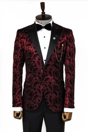 Floral Patterned Peak Lapel Burgundy Men Party Blazer - Wessi