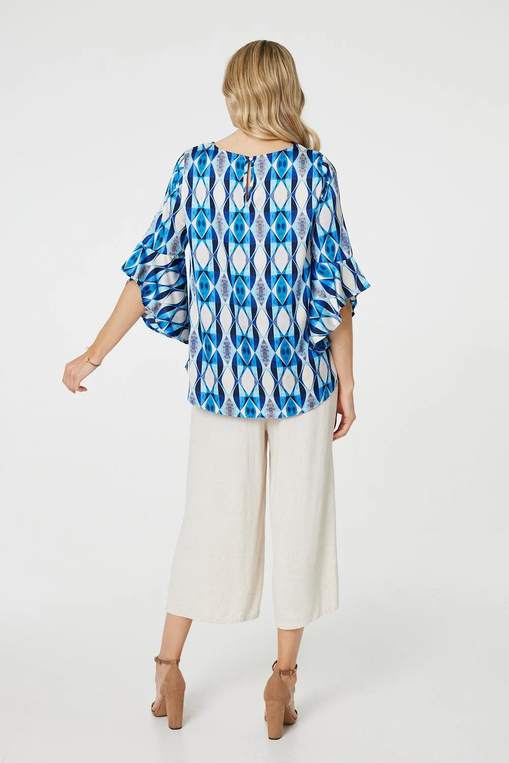 Geo Print 3/4 Flute Sleeve Curve Hem Blouse