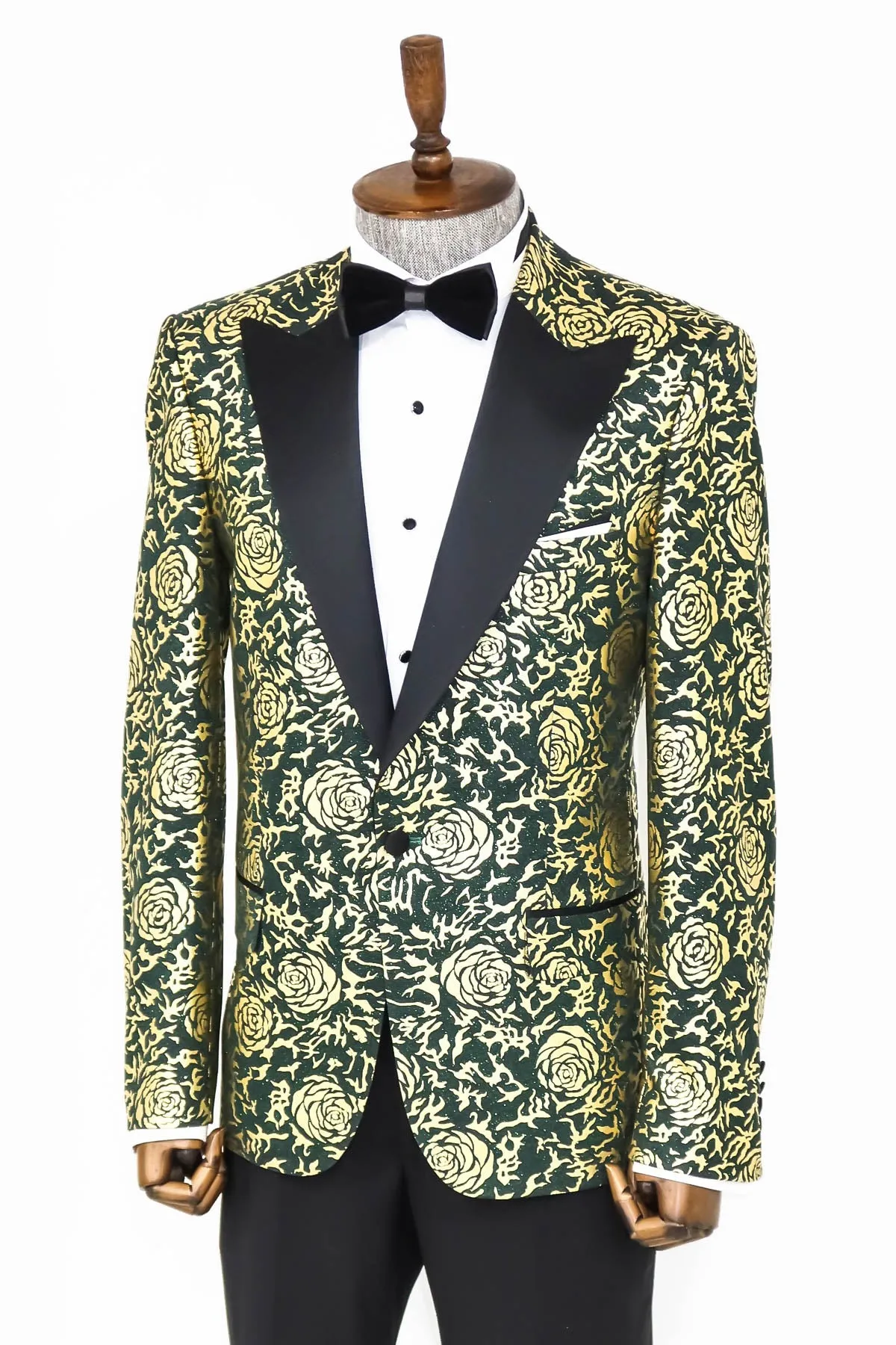 Gold Rose Patterned Slim Fit Green Men Singer Tuxedo Jacket - Wessi