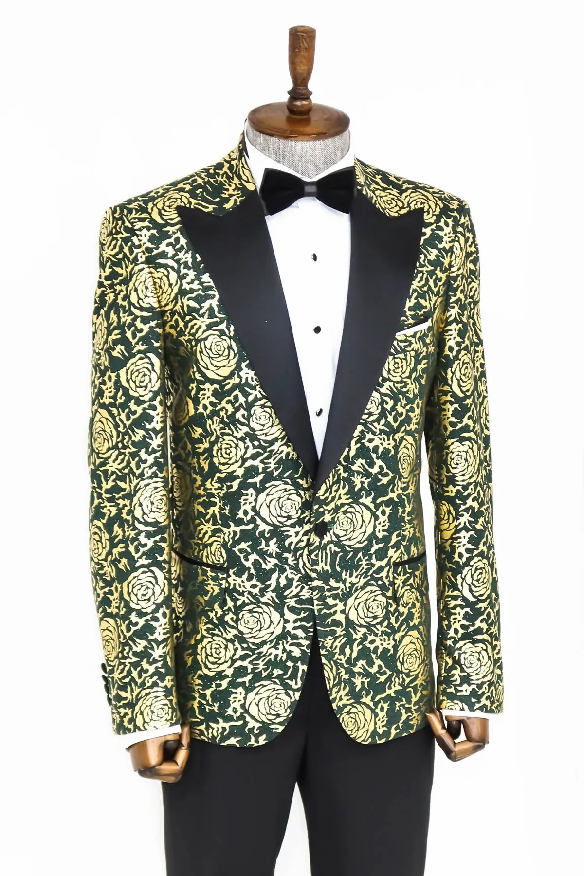 Gold Rose Patterned Slim Fit Green Men Singer Tuxedo Jacket - Wessi