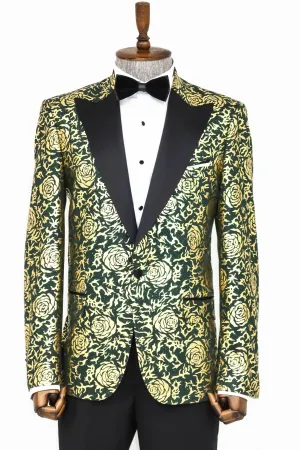 Gold Rose Patterned Slim Fit Green Men Singer Tuxedo Jacket - Wessi