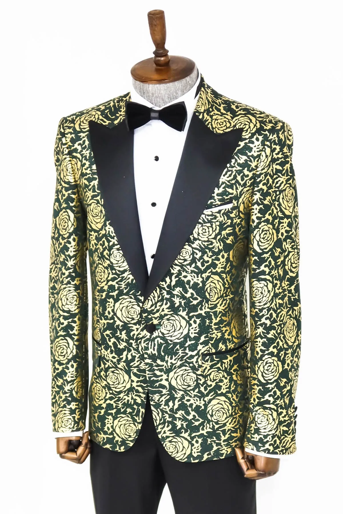 Gold Rose Patterned Slim Fit Green Men Singer Tuxedo Jacket - Wessi