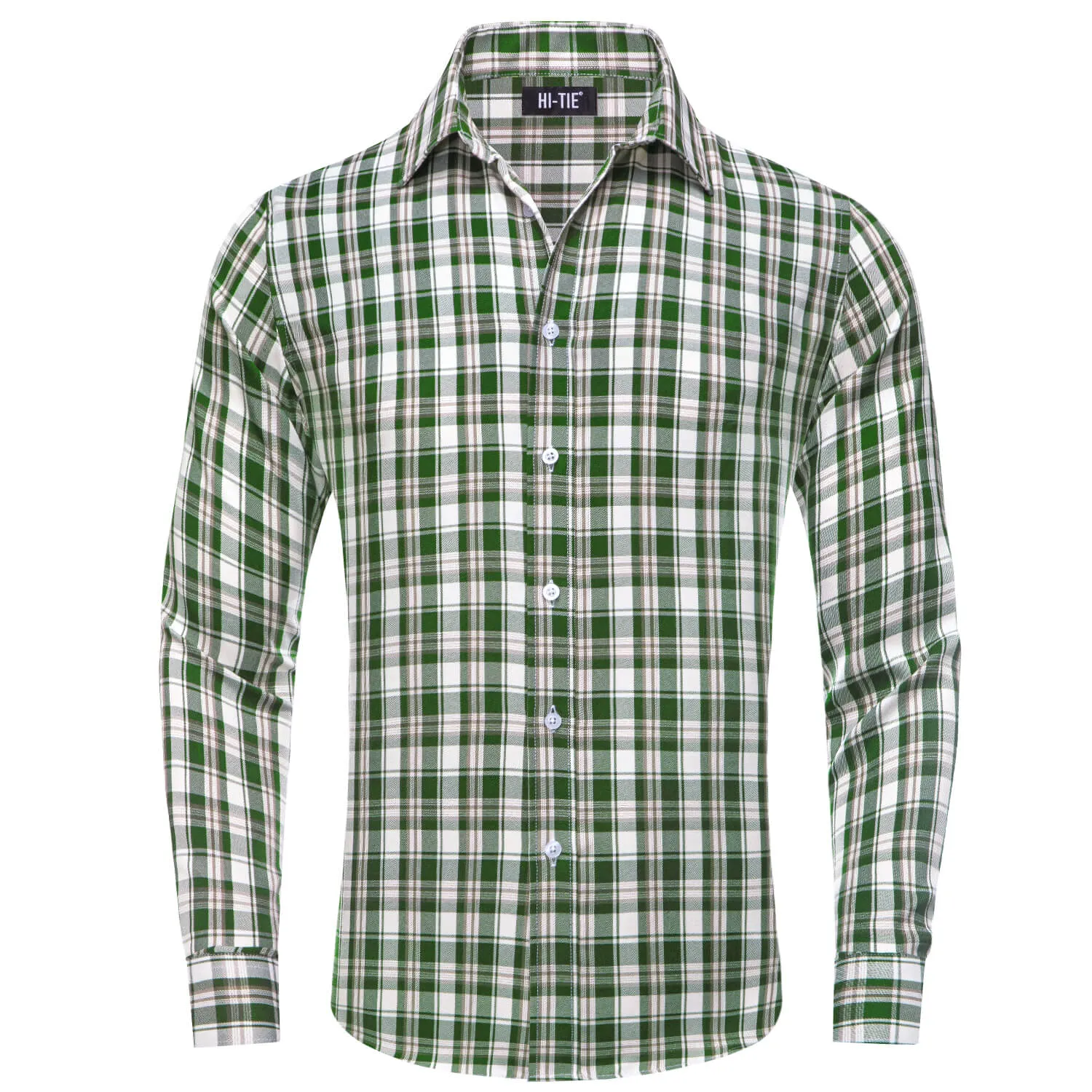 Hi-Tie Men's Shirt Green White Brown Plaid Silk Long Sleeve Shirt