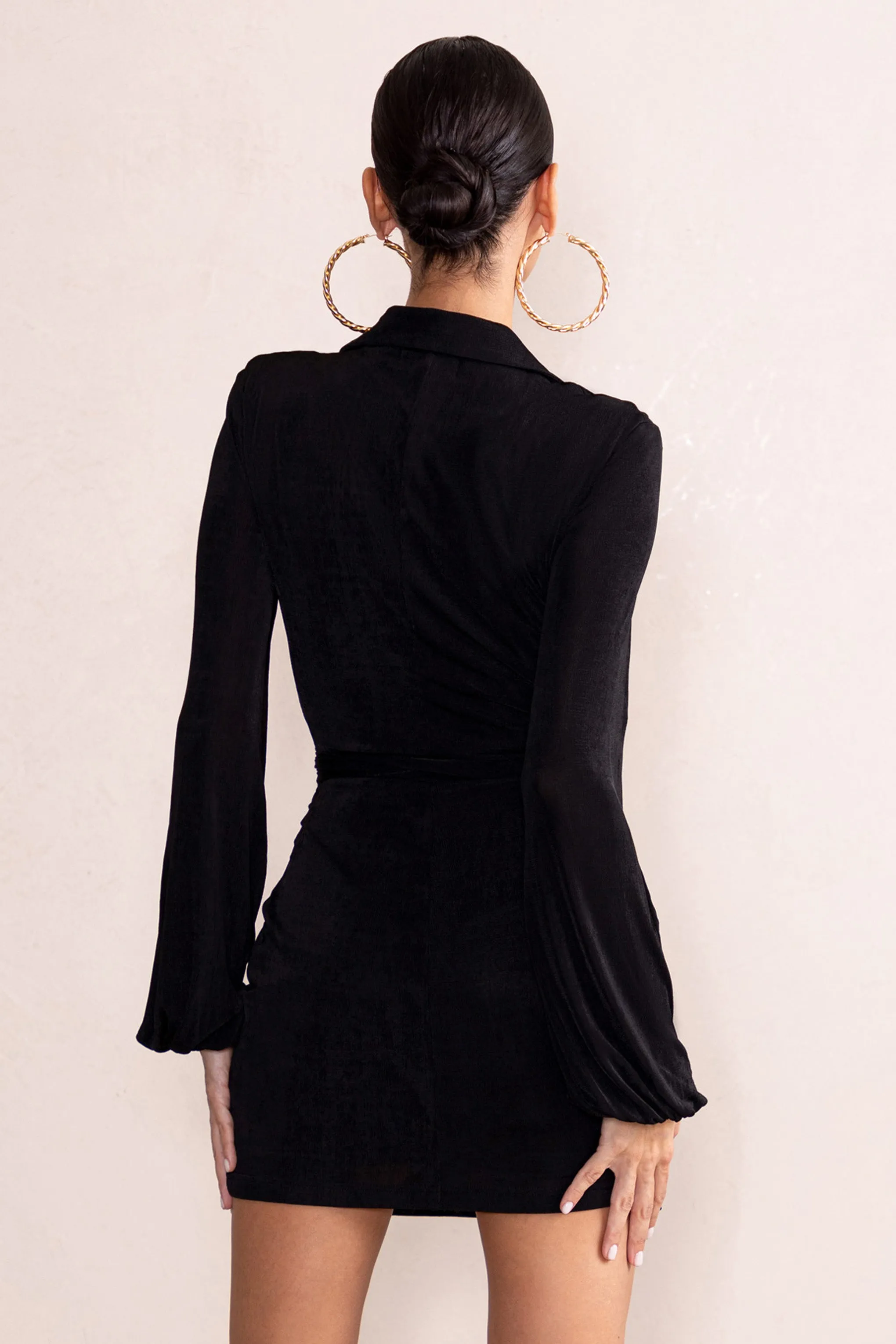 Hot Breeze | Black Plunge Neck Belt Detail Puff Sleeves Mini Dress