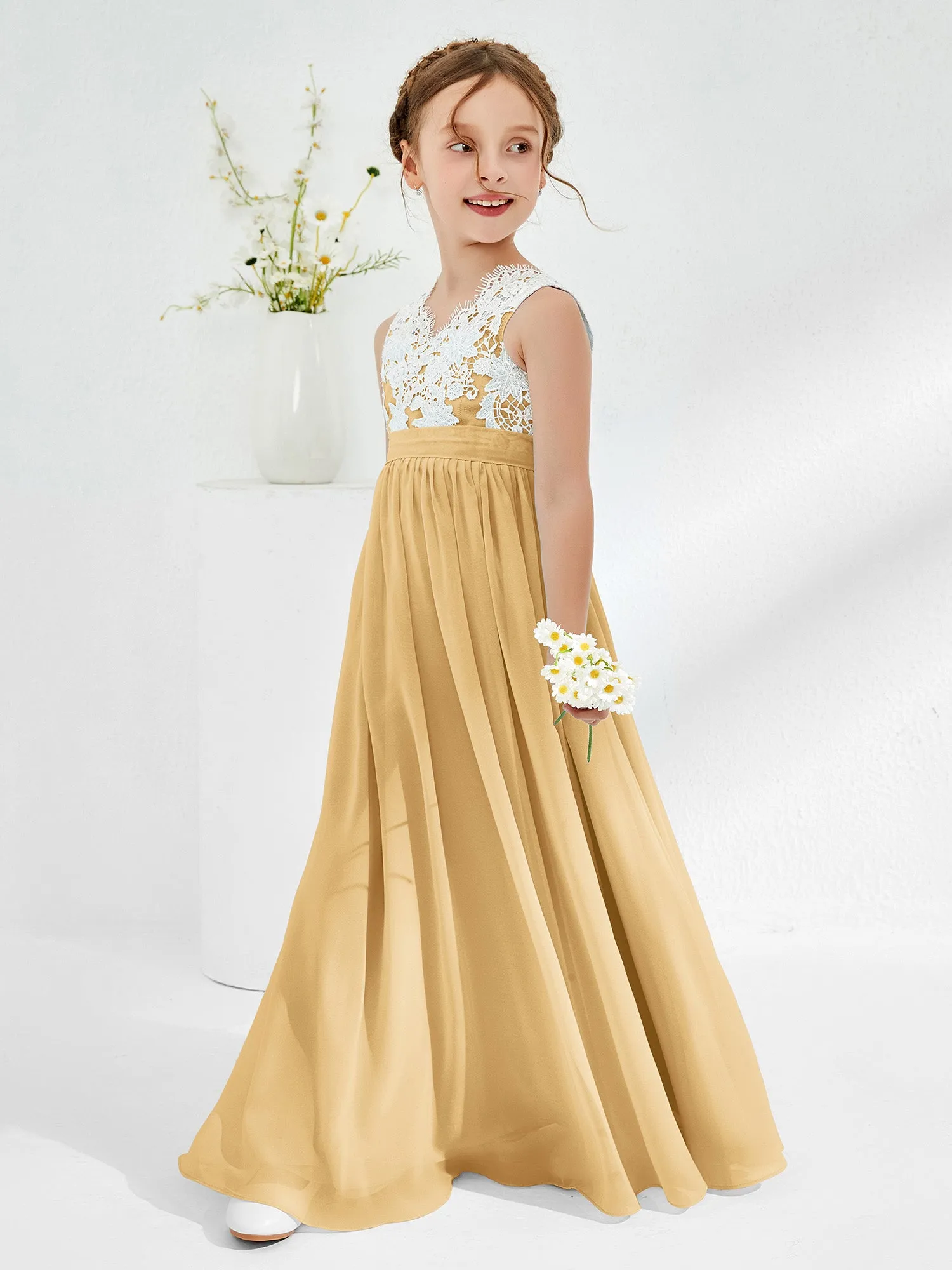 Lace Top Junior Bridesmaid Dresses Gold