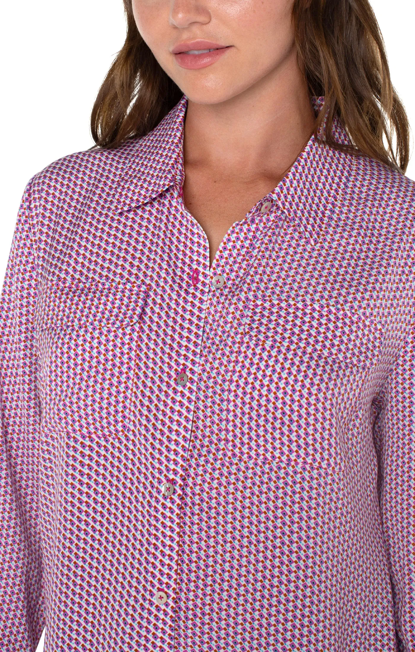 Liverpool Flap Pocket Button Front Blouse (fuchsia geo)