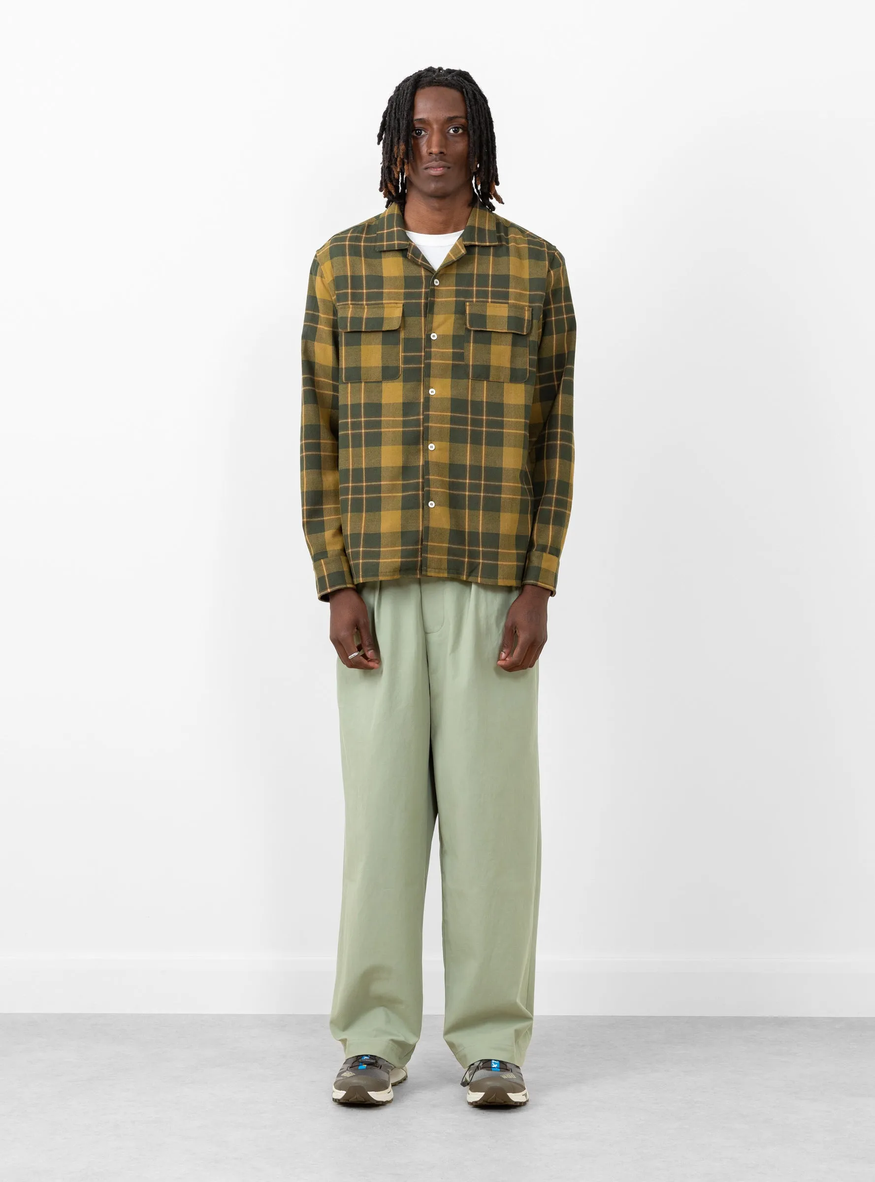 Long Sleeve Camp Collar Olive Plaid