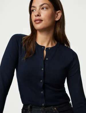 Marks & Spencer Crew Neck Button Front Cardigan, Navy