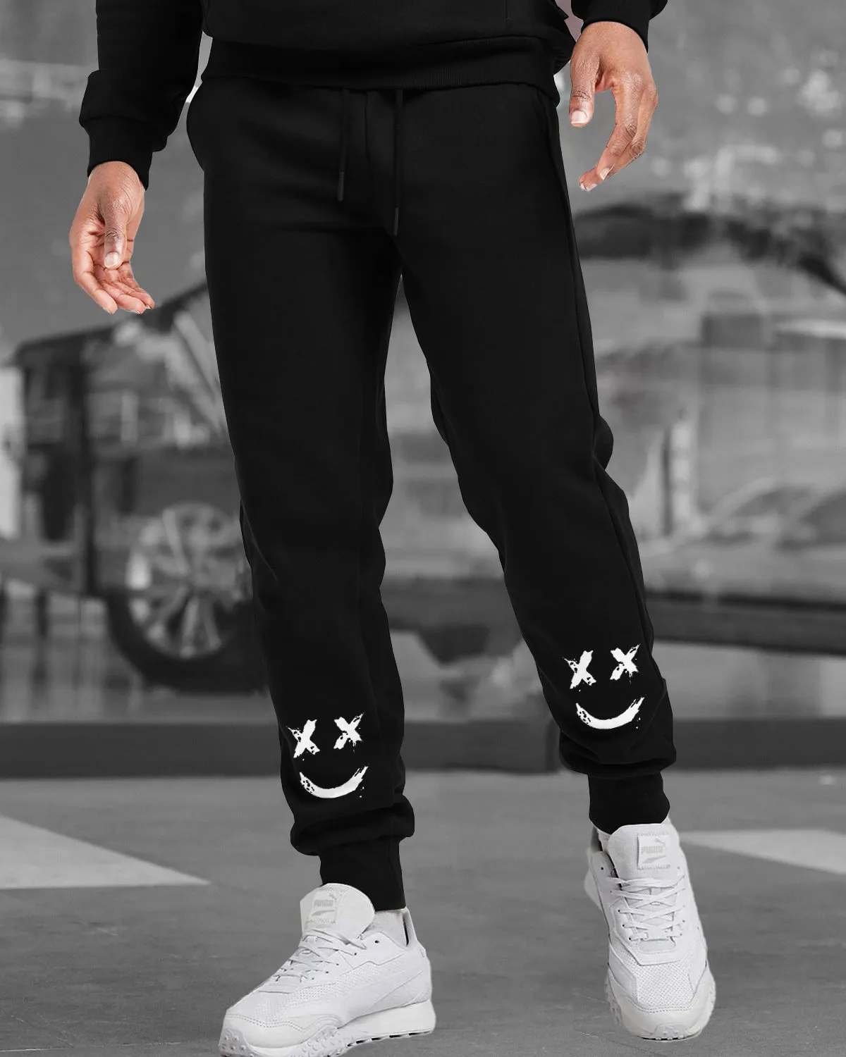 Men Black Drawstring Cotton Graphic Printed Jogger TrackPant