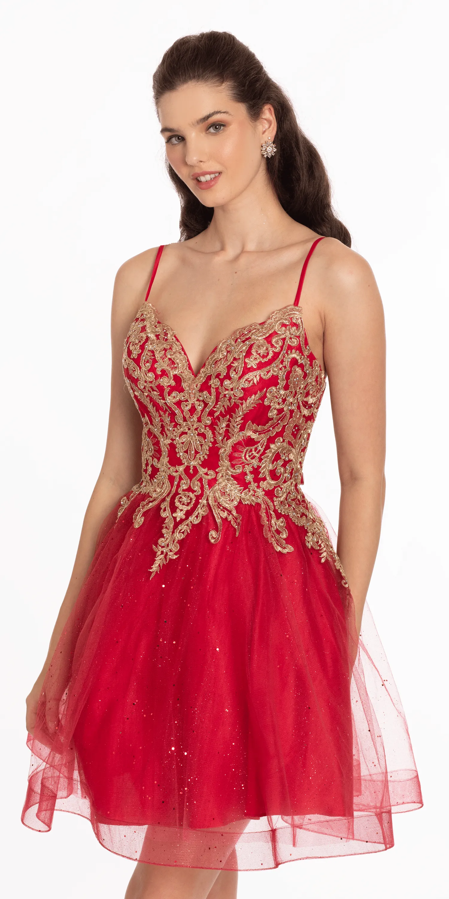 Metallic Embroidered Sweetheart Tulle Fit and Flare Dress