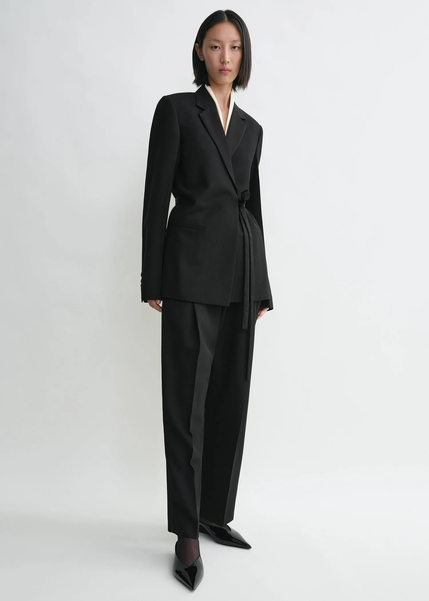 Satin-lapel wrap blazer black