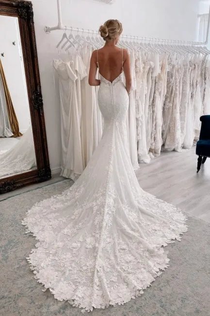 Vintage Long White V-neck Mermaid Lace Wedding Dresses